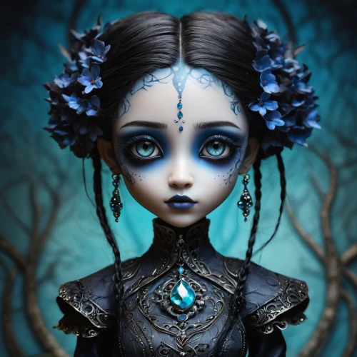 blue enchantress,fantasy portrait,gothic portrait,female doll,violet head elf,doll figure,gothic woman,the enchantress,artist doll,mystical portrait of a girl,faerie,faery,marionette,dark elf,fantasy art,elven flower,priestess,dryad,collectible doll,wooden doll,Illustration,Abstract Fantasy,Abstract Fantasy 14