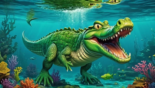 marine reptile,crocodile,salt water crocodile,alligator,cynorhodon,aucasaurus,gator,ankylosaurus,aligator,landmannahellir,spinosaurus,aquarium inhabitants,dino,dinosaruio,merman,crocodilia,underwater background,tyrannosaurus,sea monsters,crocodilian