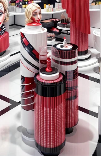 stacked cups,toner production,cosmetics counter,vertical chess,pills dispenser,women's cosmetics,tubes,sushi boat,container drums,tubular anemone,conveyor belt,syringe house,knitting laundry,lipsticks,solar cell base,shopping baskets,red matrix,stacked containers,shopping trolleys,wine bottle range