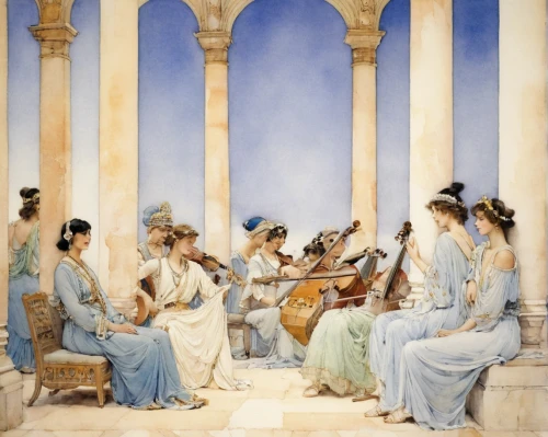 orchestra,apollo and the muses,musicians,musical ensemble,philharmonic orchestra,serenade,symphony orchestra,orchesta,violinists,woman playing violin,orchestra division,concerto for piano,the flute,singers,classical music,lyre,school of athens,classical antiquity,music service,plucked string instruments,Illustration,Paper based,Paper Based 23
