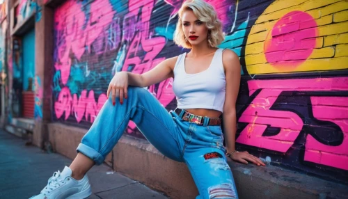 wallis day,jeans background,ripped jeans,denim background,graffiti,denims,cool blonde,denim,high jeans,colorful background,street fashion,on the street,denim jeans,brick wall background,jeans,80s,girl in overalls,lycia,marylyn monroe - female,bluejeans,Conceptual Art,Sci-Fi,Sci-Fi 27