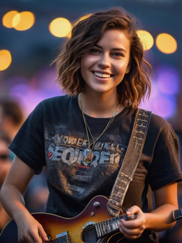 concert guitar,guitar,epiphone,electric guitar,girl in t-shirt,guitars,guitar player,playing the guitar,painted guitar,guitar solo,dua lipa,guitarist,background bokeh,tori,ukulele,telecaster,lead guitarist,a girl's smile,acoustic-electric guitar,concert,Photography,General,Sci-Fi