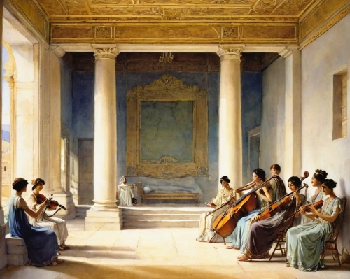 school of athens,orchestra,concerto for piano,apollo and the muses,woman playing violin,barberini,philharmonic orchestra,louvre,musicians,orchesta,concert hall,musical ensemble,symphony orchestra,serenade,violinists,the flute,singers,classical antiquity,vittoriano,salon,Illustration,Paper based,Paper Based 23