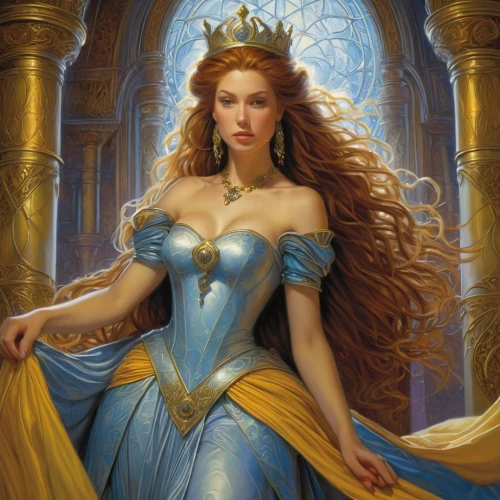 blue enchantress,celtic queen,fantasy woman,cinderella,fantasy portrait,fantasy art,fantasy picture,celtic woman,the enchantress,priestess,sorceress,heroic fantasy,golden crown,elsa,merida,fairy tale character,cybele,zodiac sign libra,rapunzel,cg artwork,Illustration,Realistic Fantasy,Realistic Fantasy 03