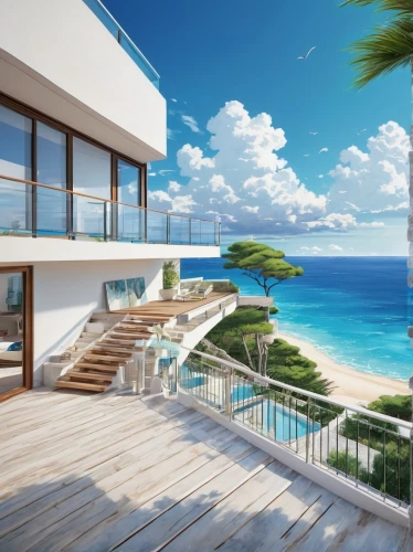 ocean view,luxury property,seaside view,holiday villa,dream beach,beach house,luxury real estate,tropical house,3d rendering,dunes house,luxury home,beach view,ocean paradise,house by the water,cliffs ocean,sea view,block balcony,beach resort,raised beach,beautiful home,Illustration,Japanese style,Japanese Style 04