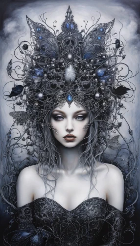 the snow queen,blue enchantress,white rose snow queen,ice queen,moonflower,priestess,crystalline,shamanic,mirror of souls,shamanism,silvery blue,the enchantress,shiva,faery,divination,starflower,zodiac sign gemini,mystical portrait of a girl,water-the sword lily,sorceress,Illustration,Abstract Fantasy,Abstract Fantasy 14