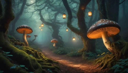 mushroom landscape,forest mushrooms,fairy forest,toadstools,fairytale forest,fairy lanterns,forest mushroom,enchanted forest,mushrooms,umbrella mushrooms,mushroom island,elven forest,brown mushrooms,fairy village,forest of dreams,fairy world,cartoon forest,fungi,forest path,forest floor,Illustration,Abstract Fantasy,Abstract Fantasy 13