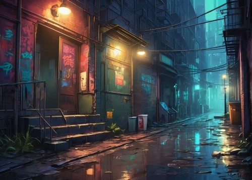 alleyway,alley,rainy,blind alley,world digital painting,rainy day,rescue alley,rainstorm,slums,narrow street,evening atmosphere,alley cat,digital painting,after rain,walking in the rain,rainy season,old linden alley,rain,atmosphere,cityscape,Illustration,Japanese style,Japanese Style 03