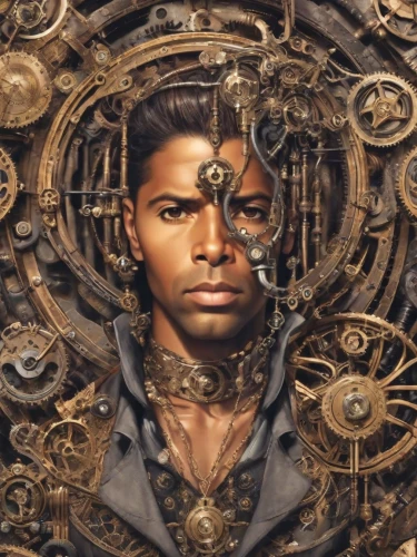 steampunk,clockmaker,clockwork,watchmaker,zodiac sign libra,gates,key-hole captain,steampunk gears,cogs,libra,black businessman,cyborg,labyrinth,iron door,skeleton key,nataraja,cog,openwork frame,cogwheel,album cover