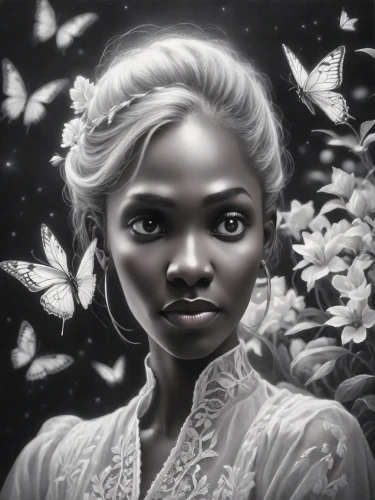 fantasy portrait,mystical portrait of a girl,tiana,african american woman,african woman,digital painting,eglantine,nigeria woman,linden blossom,world digital painting,woman portrait,romantic portrait,vanessa (butterfly),portrait background,girl portrait,digital art,digital artwork,gardenia,elsa,portrait of a girl,Photography,Cinematic