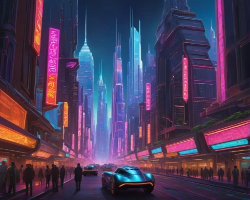 futuristic,cyberpunk,futuristic landscape,colorful city,cityscape,metropolis,futuristic car,shanghai,fantasy city,sci fiction illustration,neon arrows,evening city,tokyo city,city lights,hong kong,80s,dystopian,dubai,city car,neon,Illustration,Retro,Retro 09