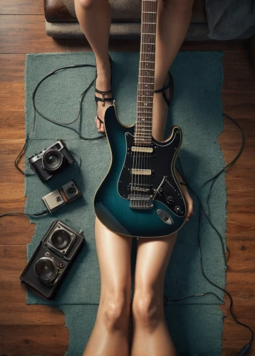guitar,electric guitar,woman playing,guitar accessory,music,playing the guitar,musicassette,guitar amplifier,pedal,rock band,guitar player,guitarist,rock music,listening to music,guitor,concert guitar,music player,amplification,amplifier,conceptual photography,Illustration,Realistic Fantasy,Realistic Fantasy 28