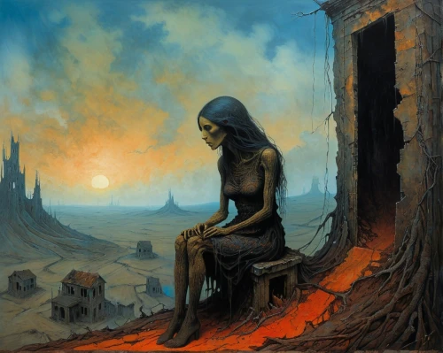 scorched earth,desolation,death angel,necropolis,primitive man,hinnom,of mourning,sepulchre,erbore,dance of death,sorrow,maiden,shamanic,half-mourning,burned land,desolate,city in flames,still transience of life,barren,death's-head,Conceptual Art,Oil color,Oil Color 08