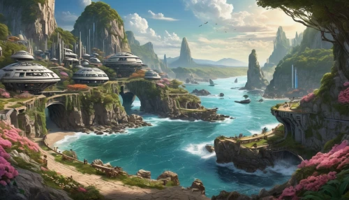 fantasy landscape,futuristic landscape,imperial shores,an island far away landscape,ancient city,fantasy picture,cliffs ocean,coastal landscape,fantasy world,fantasy art,peninsula,artificial island,3d fantasy,atlantis,mountain settlement,high landscape,karst landscape,fairy world,fairy village,fantasy city,Conceptual Art,Sci-Fi,Sci-Fi 24