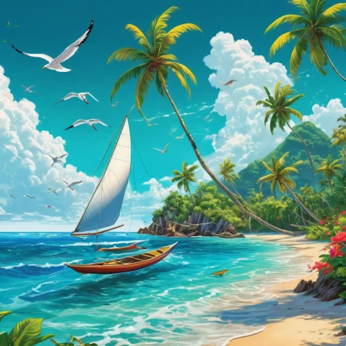 tropical sea,beach landscape,tropical beach,caribbean beach,dream beach,south pacific,ocean background,coconut trees,tropical floral background,tropical island,the caribbean,beach scenery,paradise beach,caribbean,summer background,landscape background,an island far away landscape,seychelles,caribbean sea,ocean paradise,Illustration,Realistic Fantasy,Realistic Fantasy 39