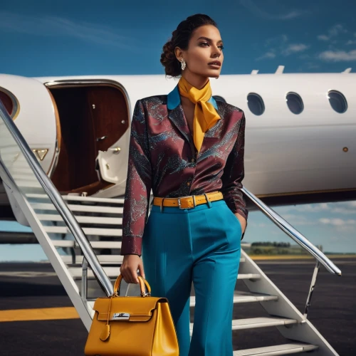 flight attendant,stewardess,business jet,runways,corporate jet,menswear for women,yellow purse,bussiness woman,woman in menswear,luggage and bags,yellow jumpsuit,travel woman,women fashion,airline travel,southwest airlines,luxury accessories,business woman,jet bridge,business girl,leather suitcase,Photography,General,Fantasy