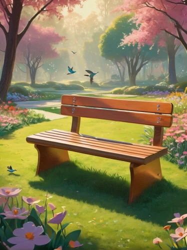 garden bench,park bench,wooden bench,bench,benches,outdoor bench,springtime background,spring background,red bench,wood bench,japanese sakura background,man on a bench,picnic table,sakura background,cartoon video game background,easter background,school benches,stone bench,landscape background,bench by the sea,Illustration,Retro,Retro 12