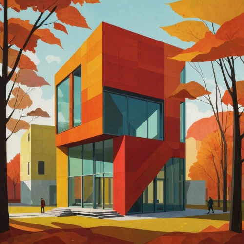 cubic house,modern architecture,modern house,contemporary,mid century house,cube house,mid century modern,house painting,frame house,modern building,houses clipart,fall landscape,school design,mid century,apartment building,residential,kirrarchitecture,saturated colors,art academy,house drawing,Illustration,Vector,Vector 05