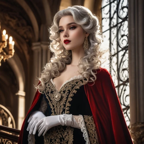 imperial coat,white rose snow queen,gothic portrait,regal,the carnival of venice,queen of hearts,elizabeth i,victorian lady,gothic fashion,suit of the snow maiden,dracula,vampire lady,elegant,ball gown,the victorian era,vampire woman,baroque,red coat,elegance,victorian style,Illustration,American Style,American Style 13