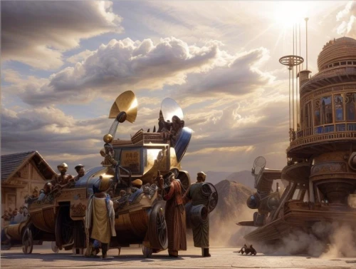 trumpet of jericho,ancient parade,genesis land in jerusalem,burning man,fantasy picture,fantasy city,fantasy art,world digital painting,orchestra,fantasy world,concept art,ancient city,constantinople,sci fiction illustration,philharmonic orchestra,travelers,airship,pilgrimage,caravan,golden scale