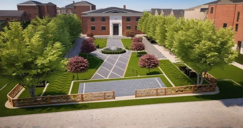 gallaudet university,3d rendering,north american fraternity and sorority housing,school design,courtyard,new housing development,howard university,paved square,red brick,official residence,mansion,vencel square,collegiate basilica,garden elevation,monastery garden,monastery of santa maria delle grazie,red bricks,capitol square,new building,roman villa,Photography,General,Realistic