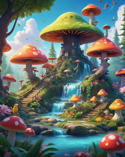 mushroom landscape,mushroom island,fairy village,fairy world,fairy forest,fantasy landscape,toadstools,mushrooms,fairytale forest,forest mushrooms,cartoon forest,forest mushroom,club mushroom,cartoon video game background,lingzhi mushroom,elven forest,toadstool,wonderland,3d fantasy,enchanted forest,Art,Classical Oil Painting,Classical Oil Painting 24