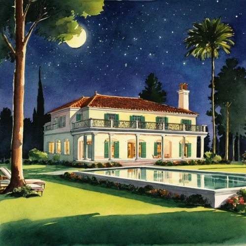 night scene,holiday home,florida home,villa,country estate,country hotel,pool house,home landscape,mansion,bendemeer estates,country house,country club,house painting,vintage illustration,holiday villa,summer cottage,hacienda,1955 montclair,luxury property,summer house,Illustration,Retro,Retro 20