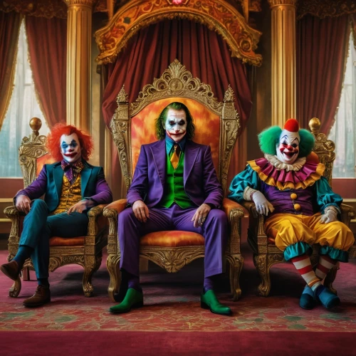 clowns,cirque,it,comedy and tragedy,three kings,cirque du soleil,joker,three wise men,circus,the three wise men,comic characters,entertainers,trio,holy 3 kings,the throne,puppets,the conference,actors,marvelous,halloween poster,Photography,General,Natural
