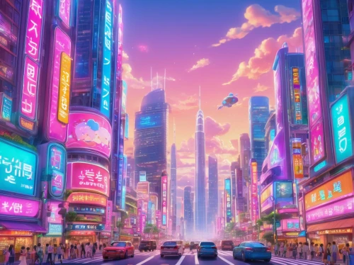 tokyo city,colorful city,shinjuku,tokyo,fantasy city,futuristic landscape,tokyo ¡¡,shibuya,taipei,metropolis,sky city,ginza,osaka,shanghai,pink city,city trans,cyberpunk,cityscape,city,harajuku,Illustration,Japanese style,Japanese Style 02