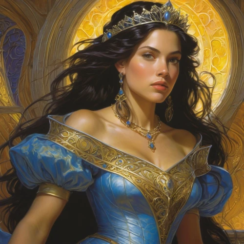 heroic fantasy,blue enchantress,fantasy portrait,fantasy woman,rosa ' amber cover,celtic queen,fantasy art,sorceress,golden crown,the enchantress,cinderella,artemisia,priestess,zodiac sign libra,catarina,paladin,fantasy picture,libra,sterntaler,caerula,Illustration,Realistic Fantasy,Realistic Fantasy 03