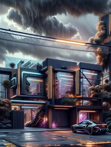 electric gas station,futuristic landscape,drive in restaurant,world digital painting,cartoon video game background,cyberpunk,retro diner,drive-in,drive-in theater,motel,urban landscape,suburb,black city,industrial landscape,fantasy city,gas station,drive through,metropolis,concept art,wonder woman city