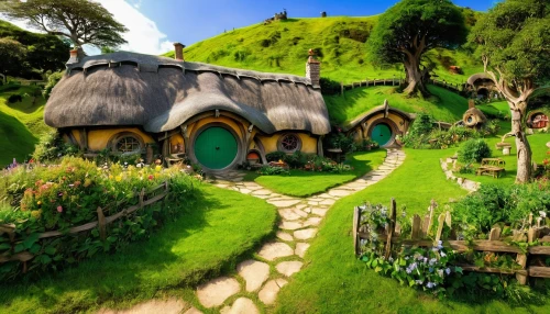 hobbiton,fairy village,hobbit,fairy house,home landscape,miniature house,druid grove,beautiful home,alpine village,grass roof,knight village,icelandic houses,little house,mountain settlement,ancient house,fairy door,alpine pastures,new zealand,fairy world,houses clipart,Conceptual Art,Fantasy,Fantasy 08