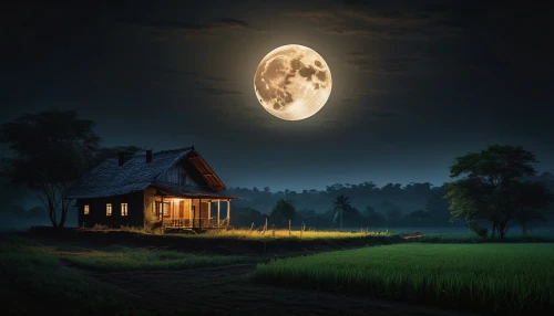 moonlit night,lonely house,full moon,moonlit,moonshine,hanging moon,home landscape,moon photography,moon at night,super moon,moonrise,moon night,big moon,moonlight,fantasy picture,the moon,little house,lunar landscape,night scene,moon and star background,Photography,General,Fantasy