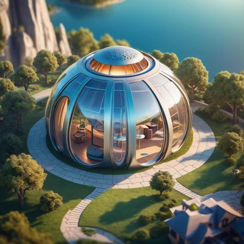 futuristic architecture,futuristic landscape,musical dome,futuristic art museum,sky space concept,roof domes,round house,bee-dome,solar cell base,round hut,glass sphere,3d rendering,futuristic,jewelry（architecture）,cubic house,eco hotel,swiss ball,observatory,the globe,hub,Illustration,Realistic Fantasy,Realistic Fantasy 01
