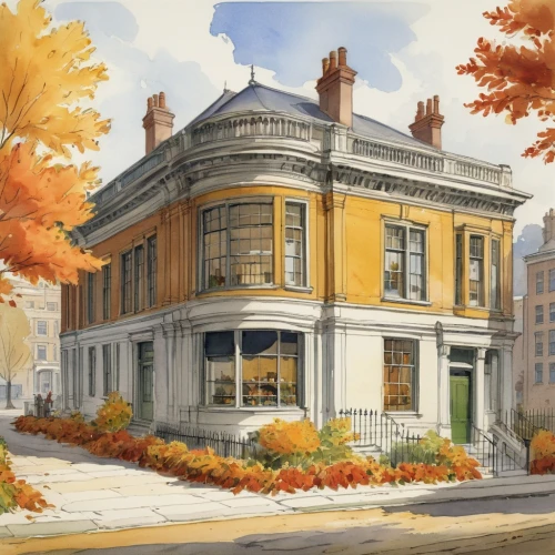 henry g marquand house,victorian house,autumn landscape,fall landscape,old town house,seasonal autumn decoration,autumn idyll,autumn decoration,house painting,town house,victorian,autumn colouring,estate agent,autumn sunshine,autumn morning,autumn scenery,one autumn afternoon,beautiful buildings,autumn decor,facade painting,Illustration,Retro,Retro 22