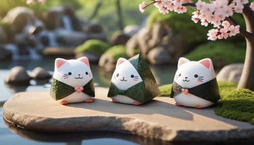 plush figures,kokeshi,gnomes,figurines,scandia gnomes,3d render,mochi,3d model,grass family,sakura mochi,kusa mochi,cartoon forest,mow,cat family,villagers,blossom kitten,kittens,3d figure,spring background,cute cartoon image,Unique,3D,3D Character