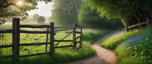 pathway,forest path,meadow landscape,the mystical path,landscape background,cartoon video game background,heaven gate,meadow rues,hiking path,wooden path,country road,farm gate,countryside,green landscape,the path,green meadow,springtime background,world digital painting,rural landscape,path,Illustration,Paper based,Paper Based 28