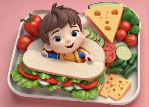 bento,baby playing with food,sandwich,hamburger plate,beef steak toast,kids illustration,cute cartoon character,bento box,kids' meal,kawaii food,little bread,lunchbox,romano cheese,open sandwich,sandwiches,sausage plate,matsuno,grilled bread,salad plate,cute cartoon image,Unique,3D,3D Character