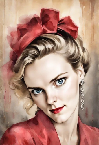 vintage woman,maraschino,fashion illustration,valentine day's pin up,valentine pin up,sarah walker,femme fatale,vintage girl,lady in red,world digital painting,vintage women,victorian lady,portrait background,madonna,red coat,art deco woman,vesper,watercolor pin up,pin up,vintage female portrait,Digital Art,Watercolor