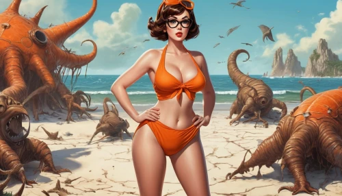 crocodile woman,the beach crab,sci fiction illustration,beach snake,sea star,kraken,beach background,merfolk,nami,pin-up girl,fantasy art,sea monsters,orangina,atomic age,cephalopods,orange,game illustration,sea devil,tentacles,one-piece swimsuit,Art,Classical Oil Painting,Classical Oil Painting 02