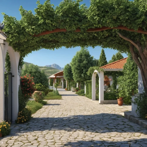 pergola,roman villa,private estate,grape vines,grapevines,wine-growing area,tuscan,olive grove,mediterranean,garden elevation,monastery garden,ancient olympia,pathway,garden buildings,lycian way,pompeii,ephesus,pompei,hacienda,courtyard,Photography,General,Realistic