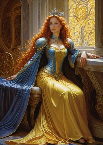 cinderella,merida,golden crown,celtic queen,yellow crown amazon,fantasy portrait,rapunzel,fantasy woman,fantasy picture,fairy tale character,a princess,fantasy art,heroic fantasy,the snow queen,queen of the night,regal,queen cage,princess sofia,almudena,queen anne,Illustration,Realistic Fantasy,Realistic Fantasy 03