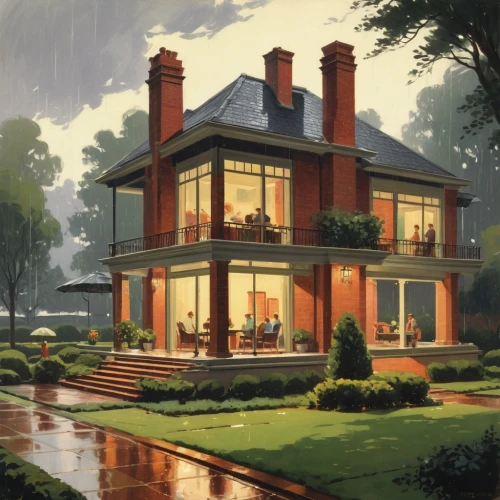 home landscape,mid century house,villa,beautiful home,house painting,1955 montclair,bungalow,brick house,country estate,mansion,luxury home,house in the forest,house by the water,summer cottage,victorian house,luxury property,large home,pool house,country house,family home,Illustration,Retro,Retro 09