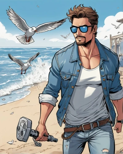 tony stark,beach background,the beach fixing,star-lord peter jason quill,manly,sea hawk,blue-collar worker,pubg mascot,gale,aviator,man at the sea,stony,seagulls,steve rogers,beach walk,seabird,wolverine,action hero,sci fiction illustration,seagull,Illustration,American Style,American Style 13