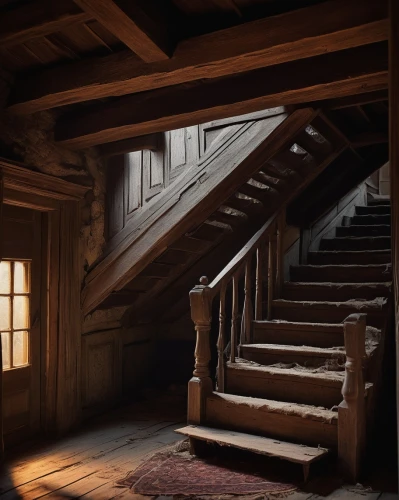 wooden stairs,attic,wooden beams,staircase,outside staircase,winding staircase,the threshold of the house,stairs,stair,stairway,stairwell,wooden floor,wooden house,wooden stair railing,wooden construction,woodwork,wooden path,witch house,spiral staircase,wooden roof,Illustration,American Style,American Style 01