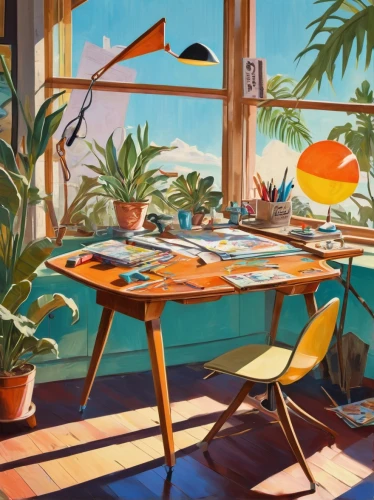 breakfast table,conservatory,mid century,kitchen table,tropical house,breakfast room,summer still-life,mid century modern,house plants,study room,dining table,indoor,summer day,summer cottage,cabana,home landscape,windowsill,tropics,summer evening,interiors,Illustration,Retro,Retro 12