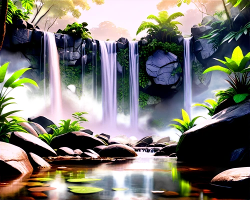 cartoon video game background,landscape background,waterfall,a small waterfall,rainforest,waterfalls,ash falls,green waterfall,frog background,water fall,world digital painting,water falls,tropical jungle,art background,digital background,summer background,wasserfall,tropical island,jungle,background view nature,Conceptual Art,Daily,Daily 35