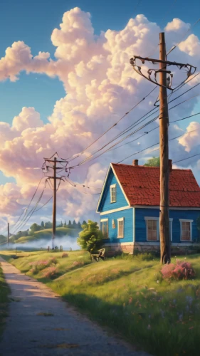 lonely house,home landscape,rural landscape,landscape background,little house,outskirts,the road,summer evening,house painting,cartoon video game background,telephone pole,summer cottage,evening atmosphere,world digital painting,studio ghibli,small house,landscapes,roadside,seaside country,roof landscape,Photography,General,Commercial