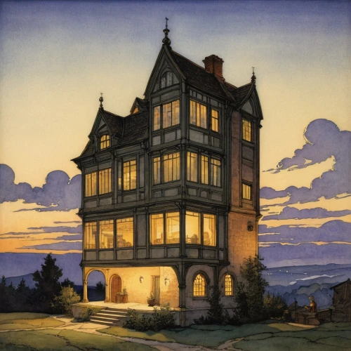 henry g marquand house,frederic church,bay window,house silhouette,house painting,knight house,model house,ruhl house,the evening light,half-timbered,doll's house,town house,dillington house,summit castle,country hotel,castle bran,witch's house,two story house,gold castle,real-estate,Illustration,Retro,Retro 19