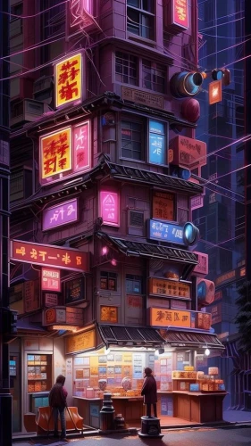 kowloon,japanese restaurant,cyberpunk,hong kong,hong kong cuisine,chinese restaurant,apartment block,kowloon city,taipei,retro diner,chinatown,fast food restaurant,diner,convenience store,tokyo city,shinjuku,shanghai,tokyo,colorful city,neon coffee